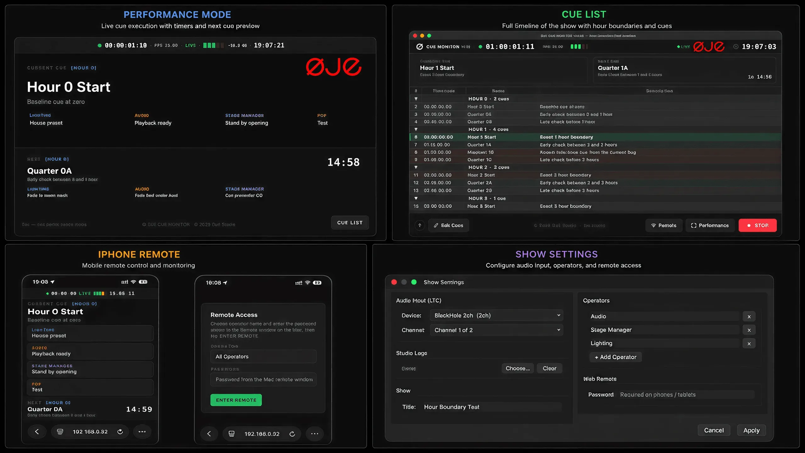 ØJE CUE MONITOR — Performance Mode, cue list, iPhone remote and show settings