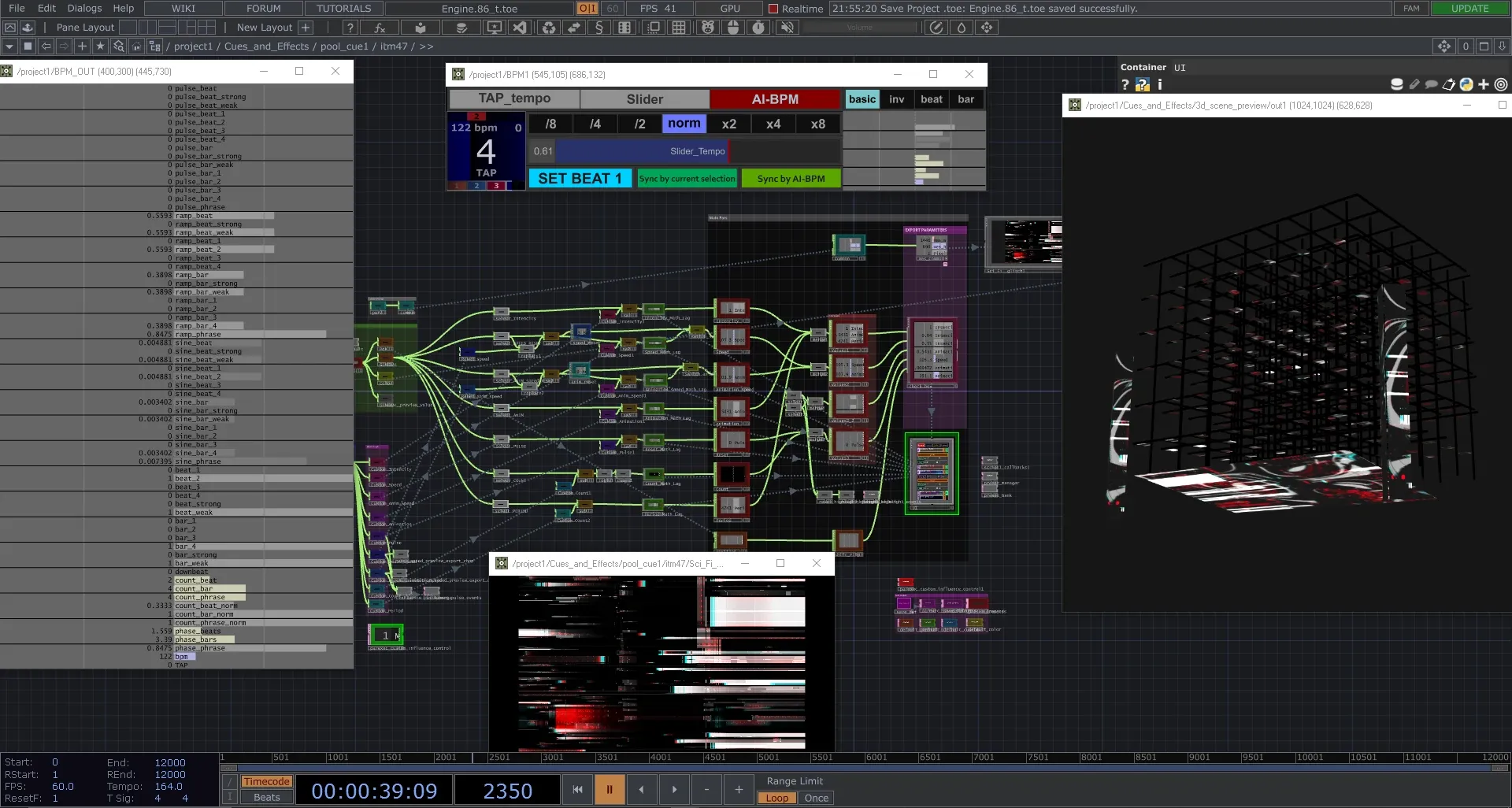 MØRPH engine network in TouchDesigner: beat-tracking module and 3D preview of the volumetric matrix